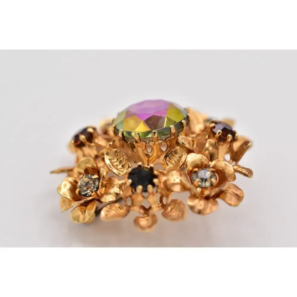 Vintage Austrian Crystal Pin Brooch Flower Gold Tone Aurora Borealis 1960s BinBI